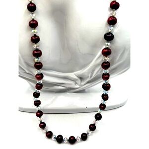 Vintage Beaded Necklace With Red & Clear Glass Beads